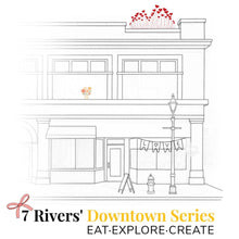 Load image into Gallery viewer, Promotional flyer for 7 Rivers' Downtown Series event with a building illustration and event details.