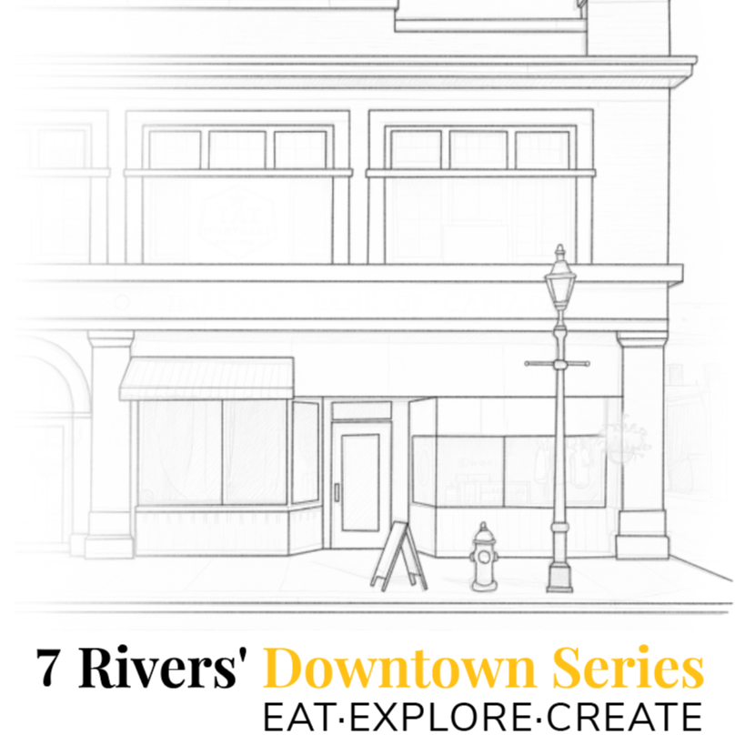 Line drawing of a building with event details for '7 Rivers' Downtown Series' on a white background