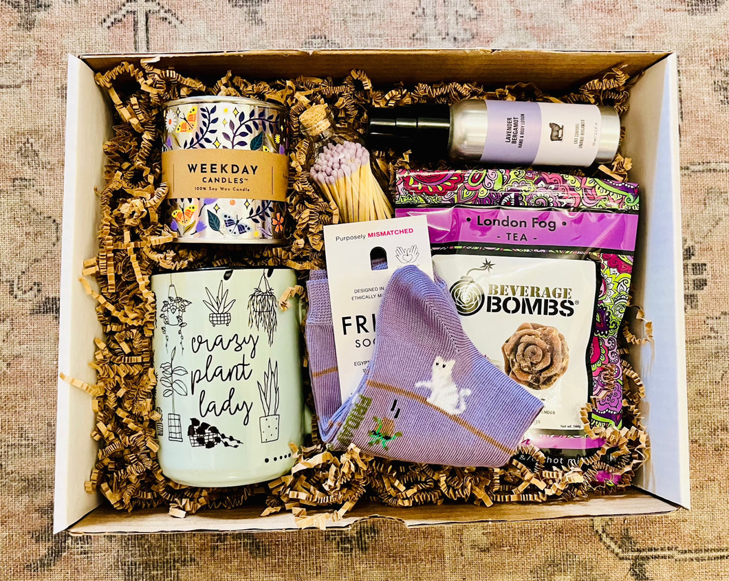 alberta made mother's day gift box including a candle, crazy plant lady mug, matchsticks, cat and plant socks, london fog beverage bombs, lavender bergamot lotion