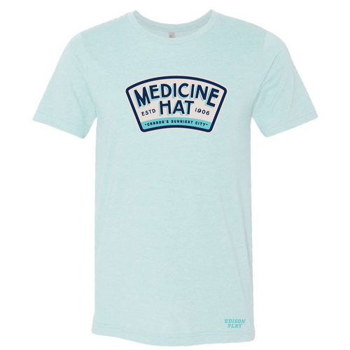 medicine hat canada's sunniest city tshirt in blue. made in alberta.