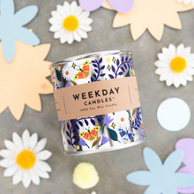 Load image into Gallery viewer, weekday candles painted tin wood wick flower child scent
