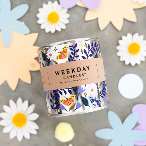 weekday candles painted tin wood wick flower child scent