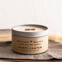Load image into Gallery viewer, weekday candle cabin tin wood wick happy camper
