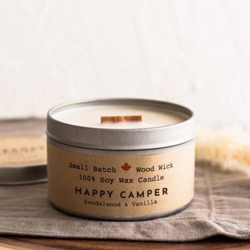 weekday candle cabin tin wood wick happy camper