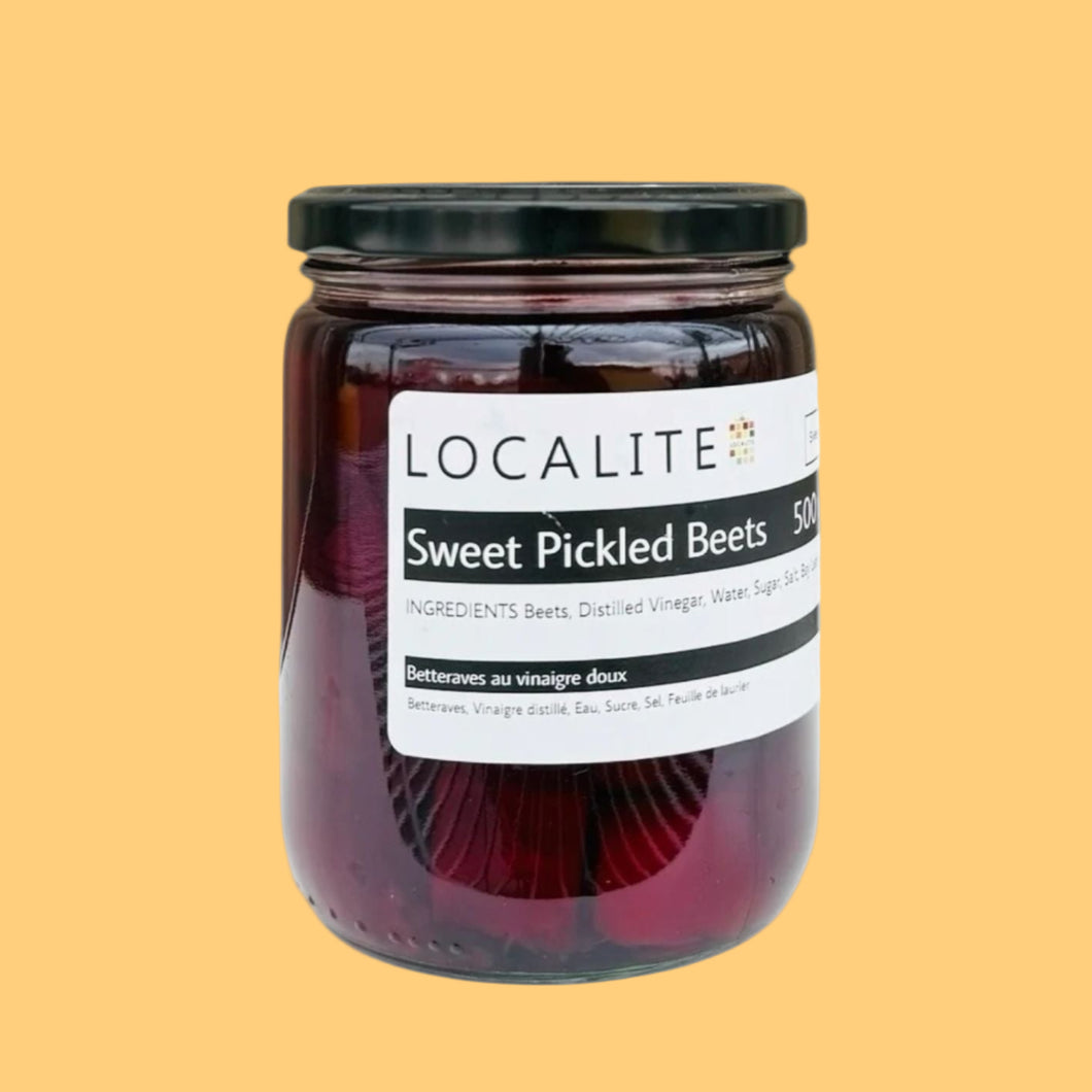 Jar of Localite sweet pickled beets on a white background