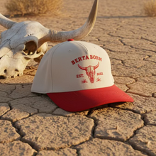 Load image into Gallery viewer, Beige and red cap with 'Berta Born' logo on a white background

