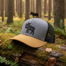 Load image into Gallery viewer, berta hat with a moose in grey and gold
