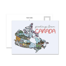 Load image into Gallery viewer, Postcard with a colorful map of Canada and 'Greetings from Canada' text on a white background.
