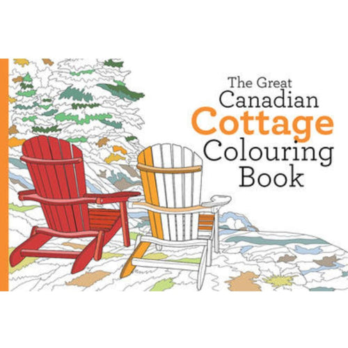 Cover of 'The Great Canadian Cottage Colouring Book' with two Adirondack chairs on a white background.