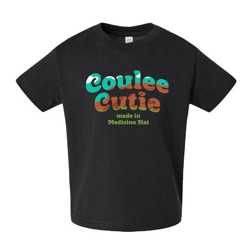 Black t-shirt with colorful text 'Coulee Cutie made in Medicine Hat' 