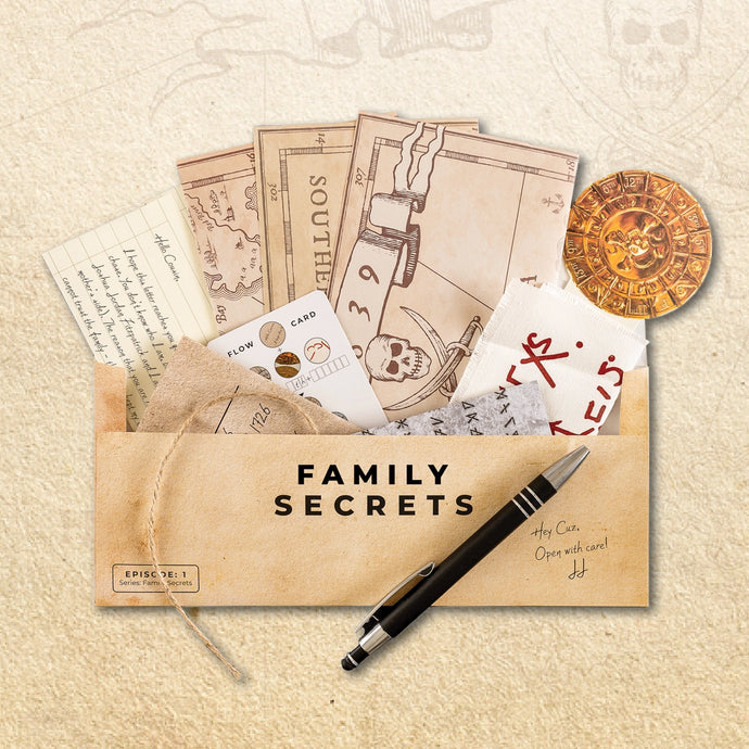 escape mail interactive puzzle game. Envelope labeled 'Family Secrets' with vintage documents and a pen.