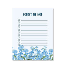Load image into Gallery viewer, A vertical notepad with the words 'FORGET ME NOT' at the top, lined writing space with checkboxes on the left, and a blue floral border along the bottom, shown on a plain white background.
