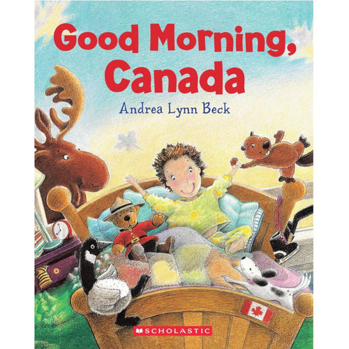 Book cover of 'Good Morning, Canada' with a child and moose in a bed.