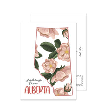 Load image into Gallery viewer, Floral-themed postcard with 'Greetings from Alberta' text on a white background
