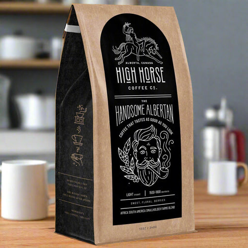 light roast coffee beans called the handsome albertan made by high horse coffee co. made in alberta.