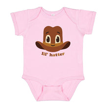 Load image into Gallery viewer, Pink baby onesie with a cartoon hat design and &#39;lil&#39; hatter text
