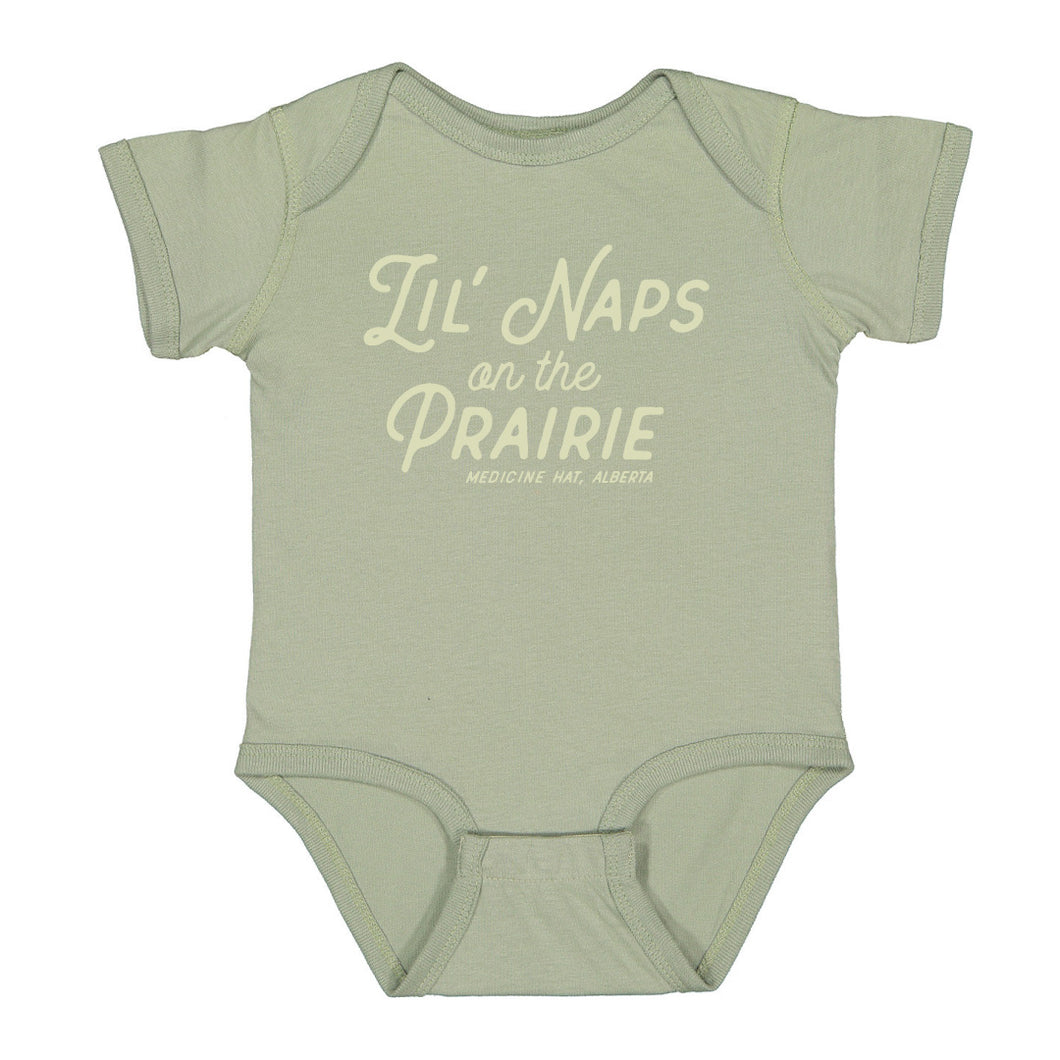 lil naps on the prairie baby onesie. made in medicine hat alberta.