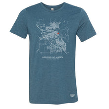 Load image into Gallery viewer, map of medicine hat tshirt in blue. made in alberta.
