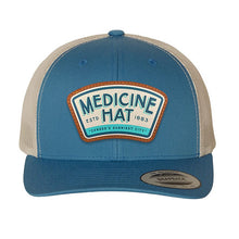 Load image into Gallery viewer, Blue and beige cap with &#39;Medicine Hat&#39; logo on a white background
