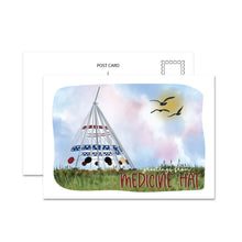 Load image into Gallery viewer, A postcard featuring a painted scene of a teepee with the words 'greeting from MEDICINE HAT' on the front, with the back of a postcard visible behind it on a white background.
