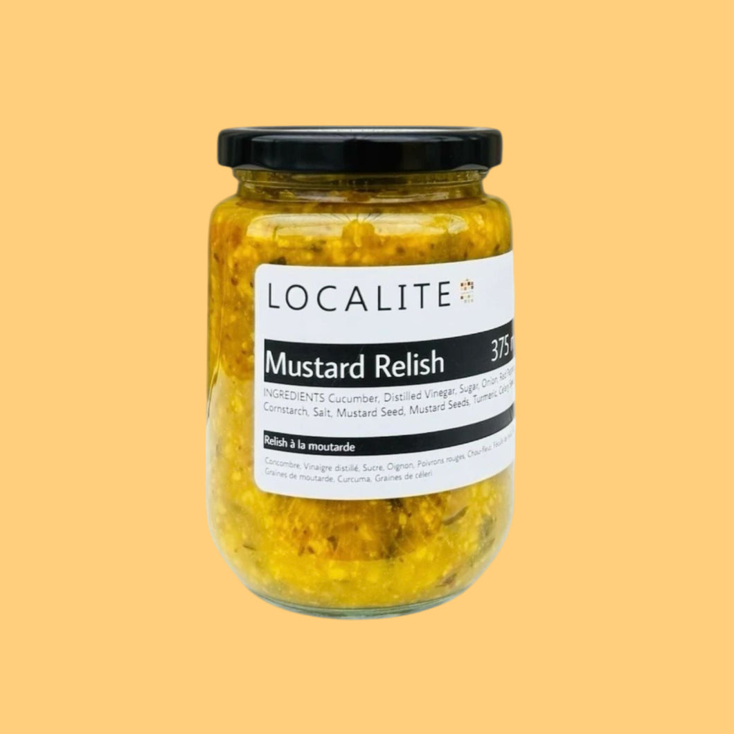 Jar of Localite Mustard Relish on a white background