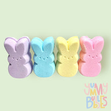 Load image into Gallery viewer, yummy bubbles peep bath bombs in purple, blue, yellow and pink. made in alberta
