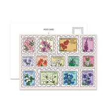 Load image into Gallery viewer, A postcard featuring a grid of illustrated provincial flower stamps, shown with a white postcard envelope behind it on a light gray background.
