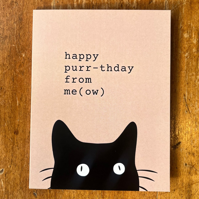 Card with a black cat illustration and text 