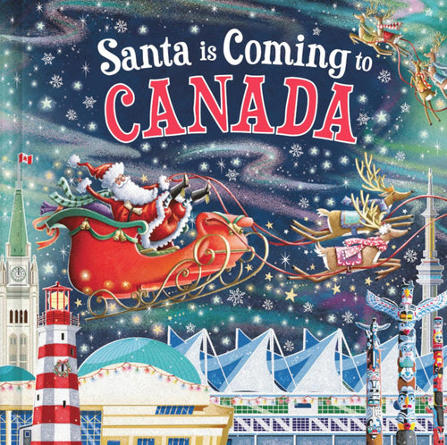 Book cover of 'Santa is Coming to Canada' with Santa Claus in a sleigh over a stylized cityscape.