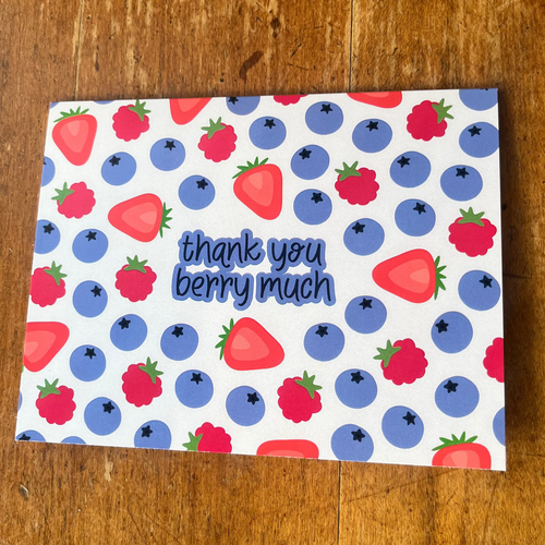 Card with strawberry and blueberry pattern and 'thank you berry much' text