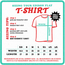 Load image into Gallery viewer, edison flat tshirt size chart
