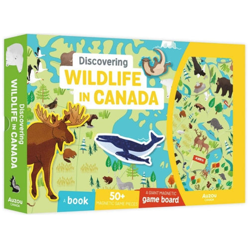 Children's educational book and game set titled 'Discovering Wildlife in Canada' on a white background